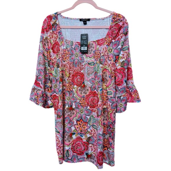New Robert Louis Boho Blouse Womens Plus Sz 2X Multi Floral Bell Sleeve Top - Picture 2 of 10